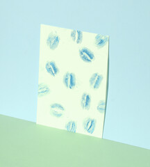 Imprints of lips kisses on a pastel background. Love letter, valentine's day. Creative layout