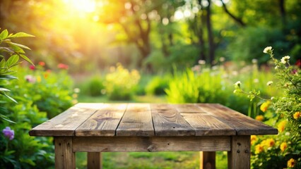 Naklejka premium A wooden table sits in the middle of a lush garden, bathed in the warm glow of the afternoon sun, inviting moments of tranquility and leisure.