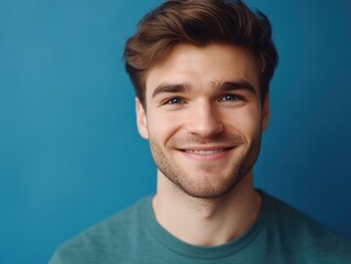 Fototapeta premium A cheerful young man with a beard and a friendly smile, set against a solid blue backdrop.