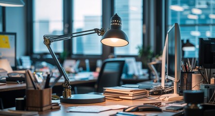 Obraz premium Desk lamp with adjustable arm on clutter free office desk background