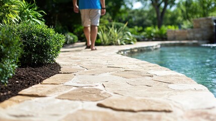 A man walking along a stone walkway next to a swimming pool