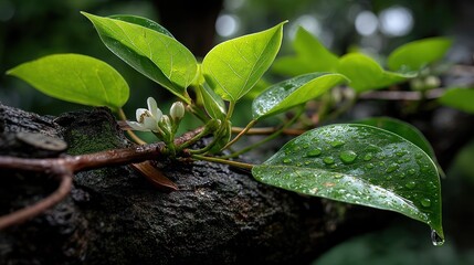 Lush leaves and blossoms, wet with dew