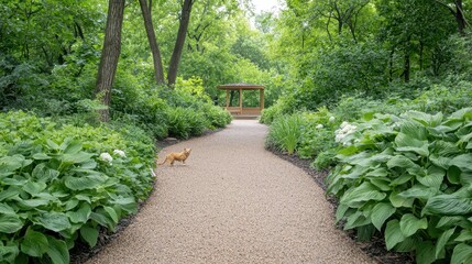 Naklejka premium A cat walking down a path in a lush green garden