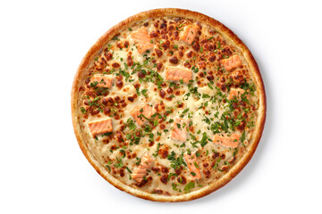 Delicious pizza with salmon and cheese baking on white background