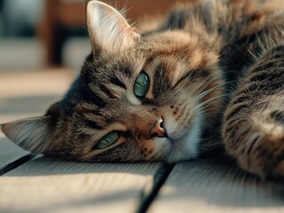 A serene image featuring a close-up of a fluffy tabby cat with striking green eyes, lying down peacefully on a wooden deck. The cat's relaxed posture and content expression suggest a moment of