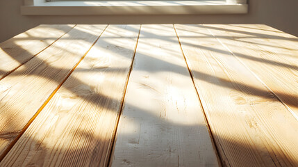 Sunlight casting shadows on a wooden table indoor space photography natural light close-up tranquil ambiance