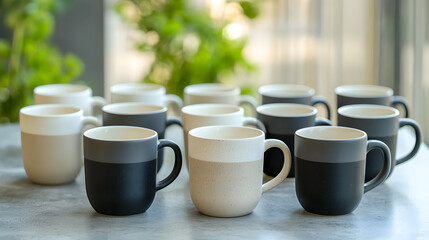 Symmetrical arrangement of coffee mugs on table indoor still life modern design close-up aesthetic appeal
