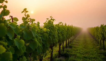 Naklejka premium Sunrise Over Misty Vineyard