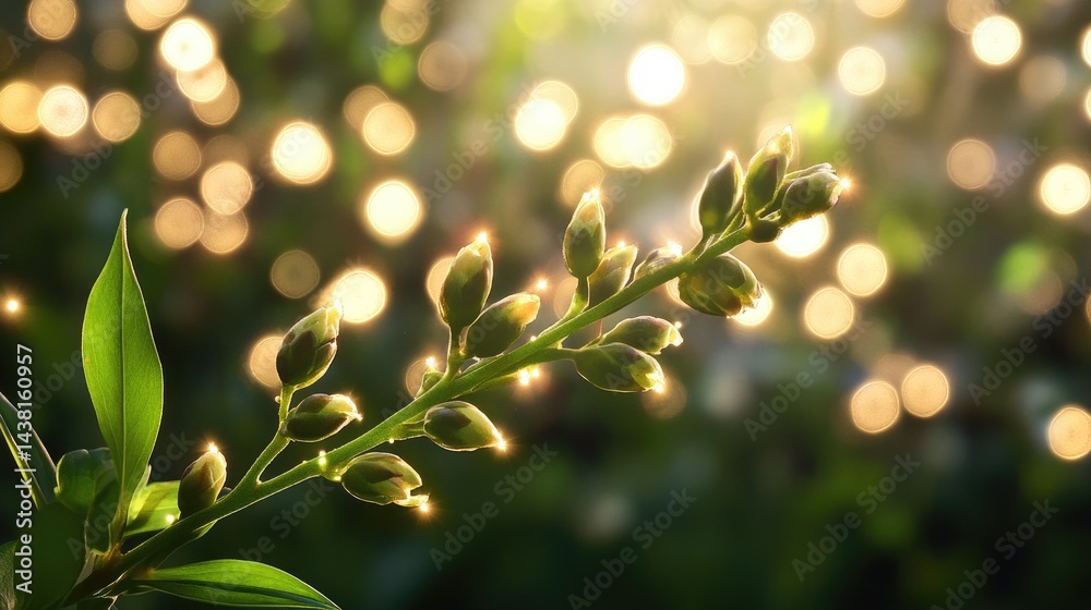 Poster botanical close-up showing buds on green stem, softly glowing bokeh lights behind