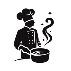 Black silhouette of a chef cooking with pan on white background logotype