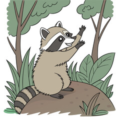 Cartoon raccoon reaching for leaves in a playful pose surrounded by greenery