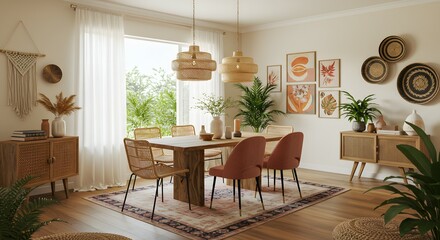 Bohemian Chic Dining Room Decor Warm Neutrals, Rattan Accents & Natural Textures