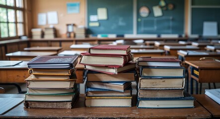 Textbooks stacked on a wooden desk in classroom background