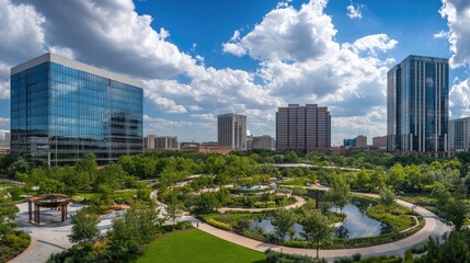 Obraz premium Wide-angle view of corporate complex with multiple modern office buildings and green spaces