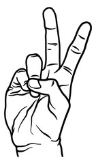 Black outline silhouette of a hand showing a peace or victory sign with two fingers up, isolated on white background.