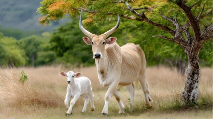 Mother Cow and Calf Walking in a Green Pasture Under a Tree in Bright Natural Light
