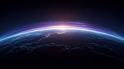 Futuristic earth horizon with purple blue glowing light trails, technology and innovation concept, ideal for AI, big data, and advanced space communication background designs