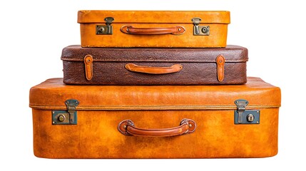 Stacked vintage suitcases in warm colors, ranging from light yellow to dark brown on an isolated backdrop