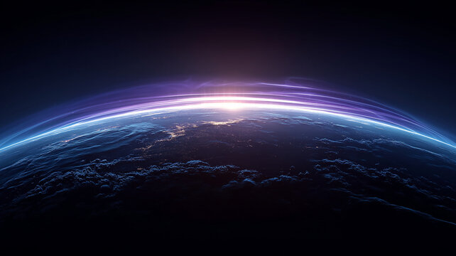 Futuristic earth horizon with purple blue glowing light trails, technology and innovation concept, ideal for AI, big data, and advanced space communication background designs