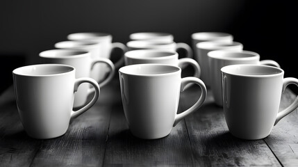 Symmetrical arrangement of coffee mugs on table modern interior still life photography minimalist setting close-up view creative concept