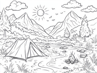 A scenic line art illustration in a coloring book style depicting a peaceful camping scene in nature. In the foreground, a simple tent with a closed flap is pitched 