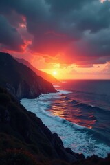 Sunset over dramatic ocean, dark clouds, rugged coastline, frame, rugged, artwork