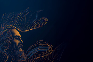 Portrait de William Shakespeare en art linéaire vectoriel doré sur fond bleu nuit avec espace négatif copyspace, style artistique classique inspiré de la littérature et du théâtre de la Renaissance