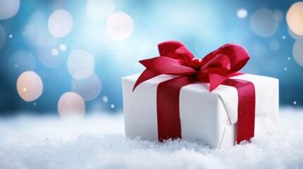 A white gift box with a red ribbon and bow in the snow