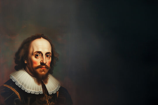 Portrait peint de William Shakespeare en tenue d&rsquo;&eacute;poque avec fraise blanche sur fond sombre d&eacute;grad&eacute; avec espace n&eacute;gatif copyspace, repr&eacute;sentation classique du dramaturge anglais