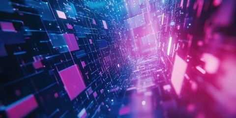 A colorful abstract digital art image featuring a glittering, grid-like pattern with neon lights and shades of pink, blue, purple, and teal, evoking a sense of advanced technology or cybernetic
