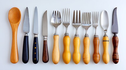 Lineup Wooden spoon, metal knives, and forks with various handles on white surface