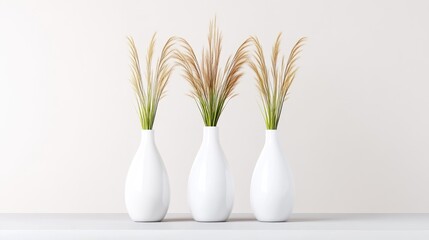 Three simple white vases with dried grasses