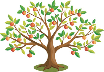 A vibrant vector art illustration featuring a neatly pruned fruit tree, showcasing lush green leaves and colorful, ripe fruits in detail.