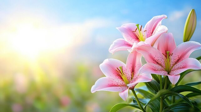 A bunch of pink lilies in a vase on a sunny day
