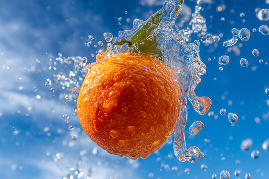 Photo of orange mid-splash against clear blue sky