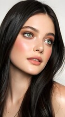 Obraz premium A perfect beauty shot of a girl in her mid-20s, showcasing porcelain-clear skin, long silky raven-black hair cascading behind her, wide bright green eyes enhanced with soft shimmer eyeshadow