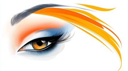 Vibrant orange and blue eyeshadow makeup on woman eye closeup beauty portrait