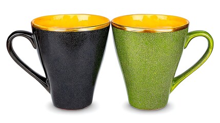 Two cups stand side-by-side a dark, textured cup and a lighter, speckled one with gold trim inside