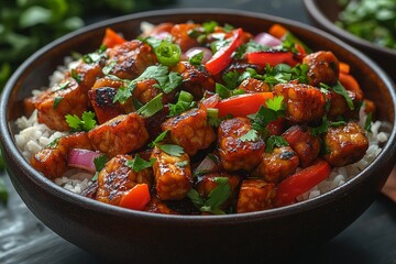 Spicy Tempeh Bowl with Rice, Peppers