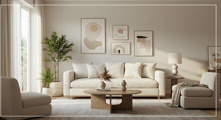 Serene Minimalist Living Room Design Neutral Tones, Natural Light, and Modern Furniture