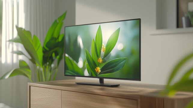 Modern living room entertainment setup flatscreen tv on stylish wooden stand