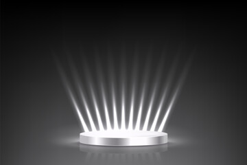 Silver award podium. Anniversary empty stage with glowing light rays on black background. Template for celebration birthday or jubilee, winner ceremony. Vector illustration.