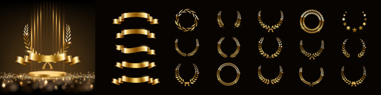 Gold award podium with laurel wreath and set of different golden laurel wreaths vector illustration. Luxury templates for glamour product presentation, winner ceremony.