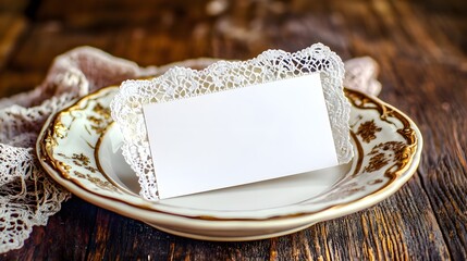 Elegant Card Mockup on Plate with Lace Edging for Event Display