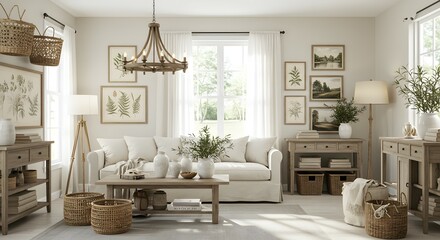 Serene Farmhouse Living Room Design Neutral Tones, Natural Textures, and Elegant Decor