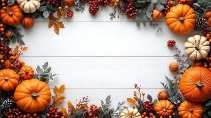 Thanksgiving or harvest-themed border design with pumpkins and berries on white plank background  