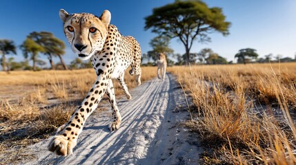 Obraz premium Majestic Cheetahs Walking in the Grassland Under Clear Blue Sky in Africa's Natural Habitat
