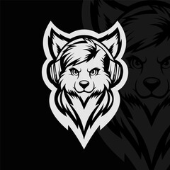 Wolf with headset, mascot esport illustration logo design, black white