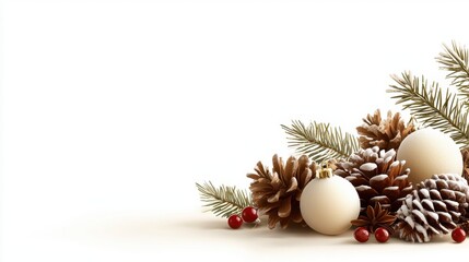 A bunch of pine cones and ornaments on a white background