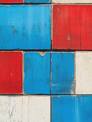 The image features a section of an old, colorful brick wall with a red and blue pattern. The bricks are painted in various shades of red and blue, creating a lively and dynamic mosaic effect.